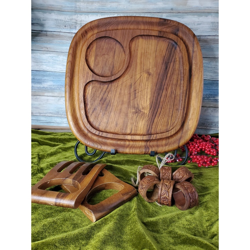 Vintage Dansk Wood‎ carving/cheese Board salad forks  napkin rings hostess set